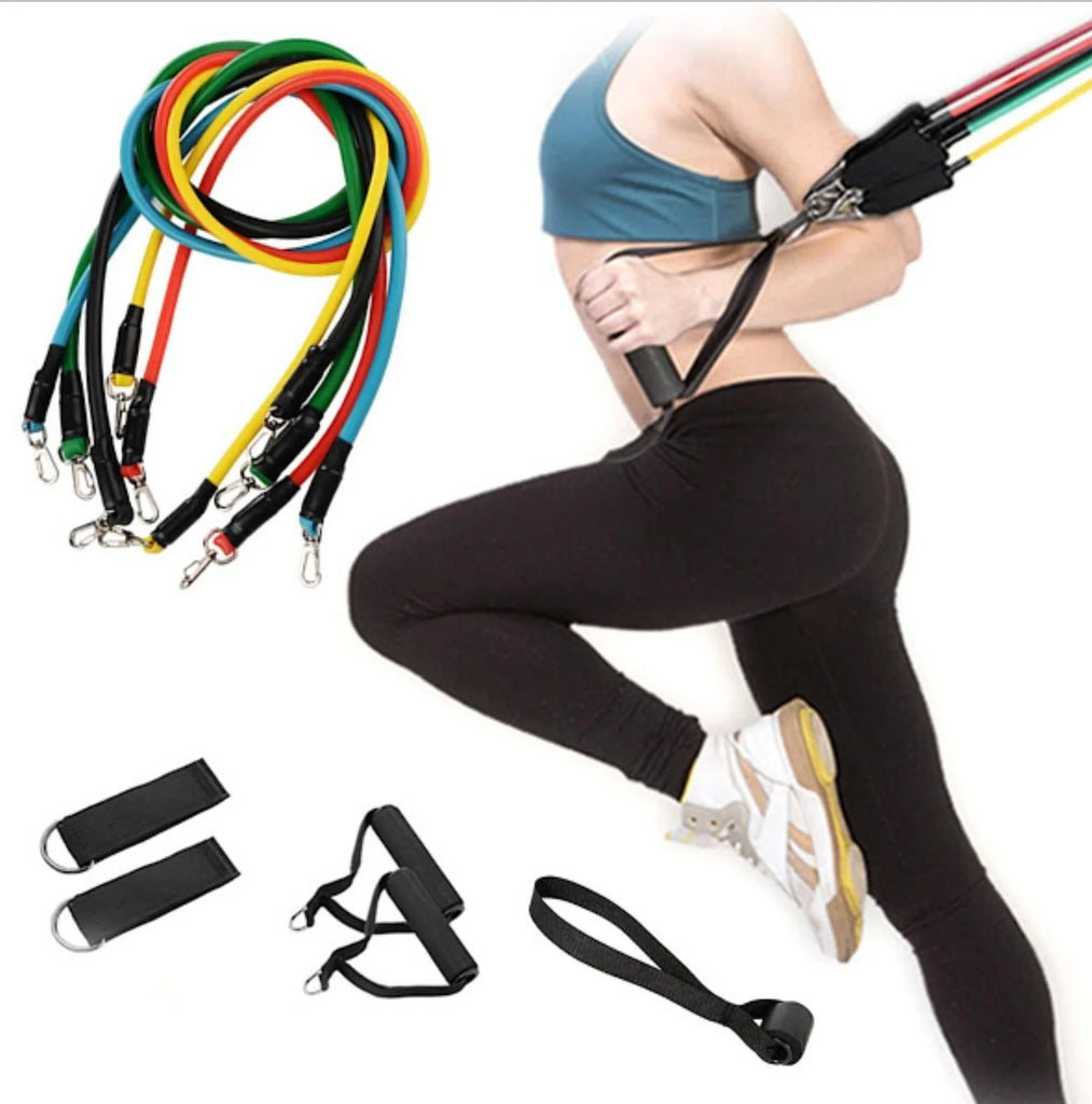 Sistem de antrenament fitness cu corzi extensibile, prinderi multiple, 11 piese