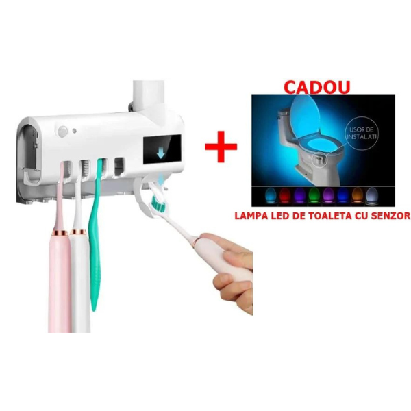 Dozator Pasta De Dinti + Suport Periute + Sterilizare Uv Antibacteriala,+ Cadou Lampa Led Toaleta Cu Senzor